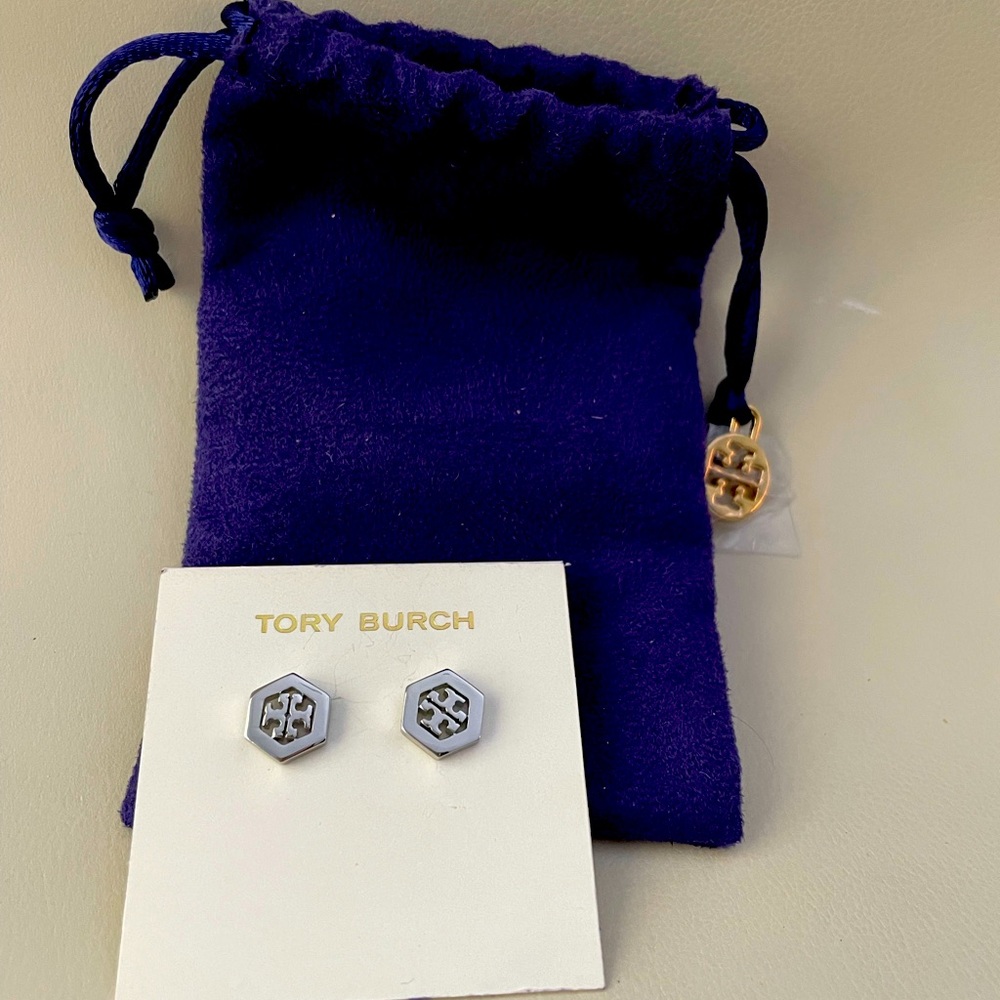 NWT Tory Burch Hexagon Logo Stud Earrings